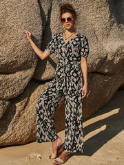Jumpsuit V-Neck Short Sleeves Sash Drawstring Polyester Straight One Piece Outfit Mssza