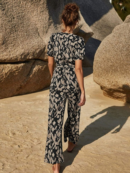 Jumpsuit V-Neck Short Sleeves Sash Drawstring Polyester Straight One Piece Outfit Mssza