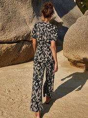 Jumpsuit V-Neck Short Sleeves Sash Drawstring Polyester Straight One Piece Outfit Mssza