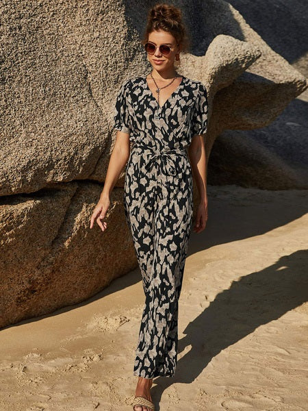 Jumpsuit V-Neck Short Sleeves Sash Drawstring Polyester Straight One Piece Outfit Mssza