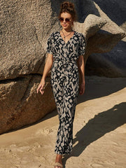 Jumpsuit V-Neck Short Sleeves Sash Drawstring Polyester Straight One Piece Outfit Mssza