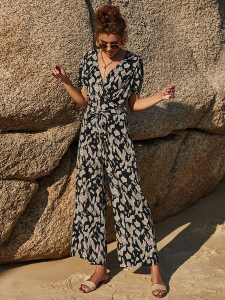 Jumpsuit V-Neck Short Sleeves Sash Drawstring Polyester Straight One Piece Outfit Mssza