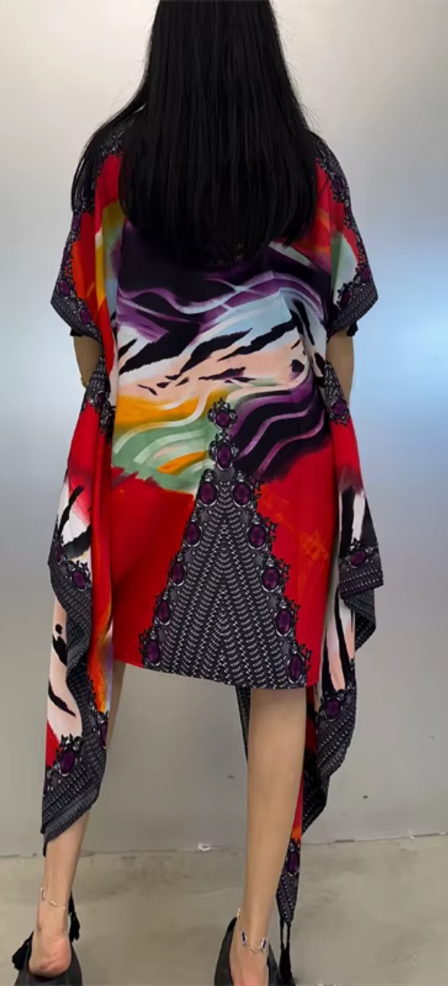 Kimono Print Coat Loose Tassels Long Dress Beach Holiday Deach Cover up Party Dresses Mssza