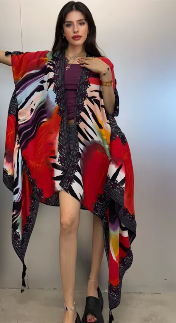 Kimono Print Coat Loose Tassels Long Dress Beach Holiday Deach Cover up Party Dresses Mssza