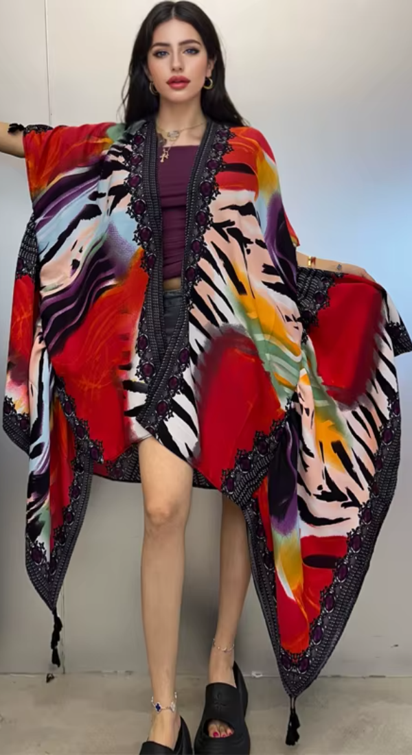 Kimono Print Coat Loose Tassels Long Dress Beach Holiday Deach Cover up Party Dresses Mssza