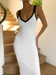 Knit Suspender Sleeveless Block Color Beach Vacation V-Neck Bodycon Maxi Dress Mssaz Desses