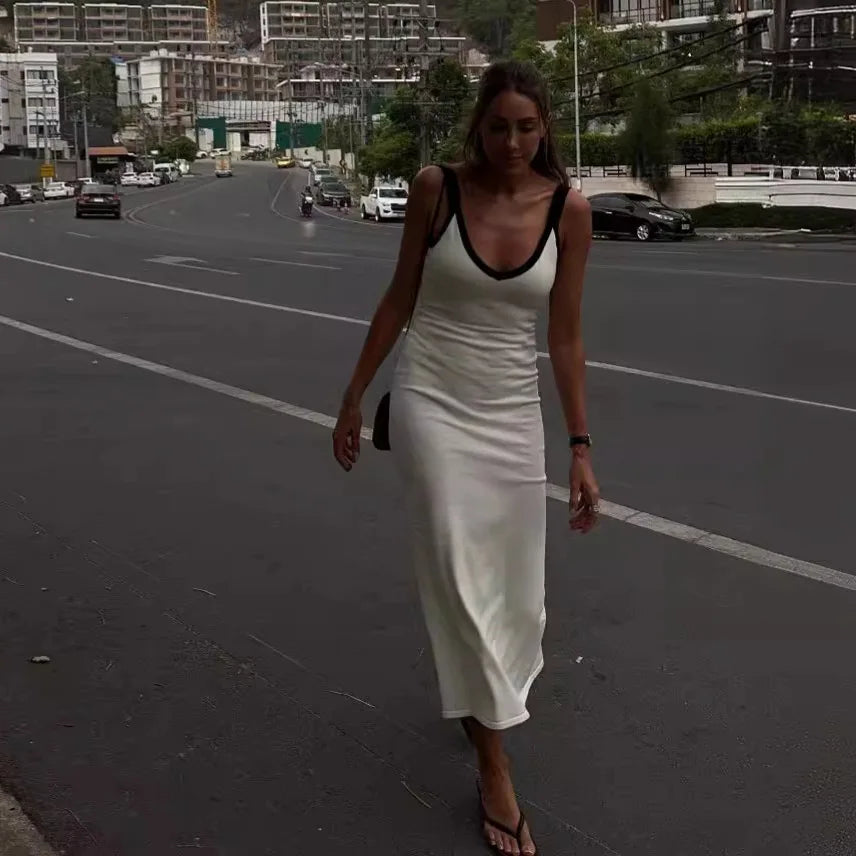 Knit Suspender Sleeveless Block Color Beach Vacation V-Neck Bodycon Maxi Dress Mssaz Desses