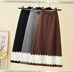 Knitted Design Elastic High Waist Solid A-line Streetwear Skirt Mssza