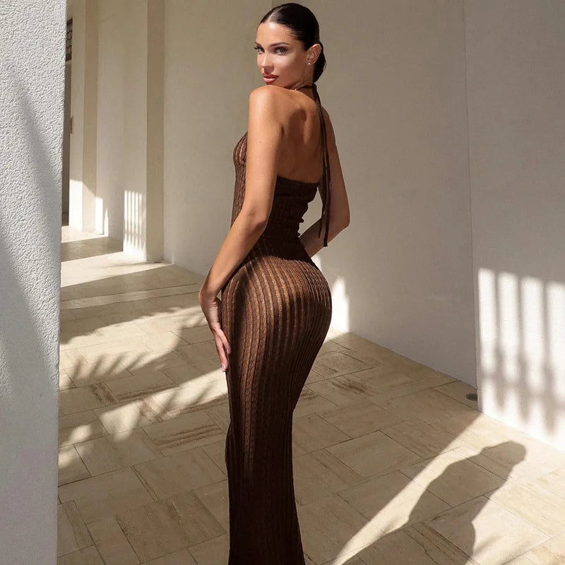 Knitted Hollow Out Sheer Backless Slim Beach Halter Neck Stylish Maxi Dress Mssaz Desses