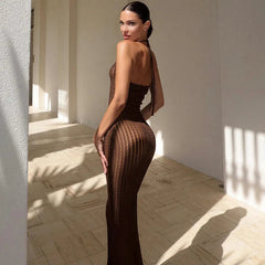 Knitted Hollow Out Sheer Backless Slim Beach Halter Neck Stylish Maxi Dress Mssaz Desses