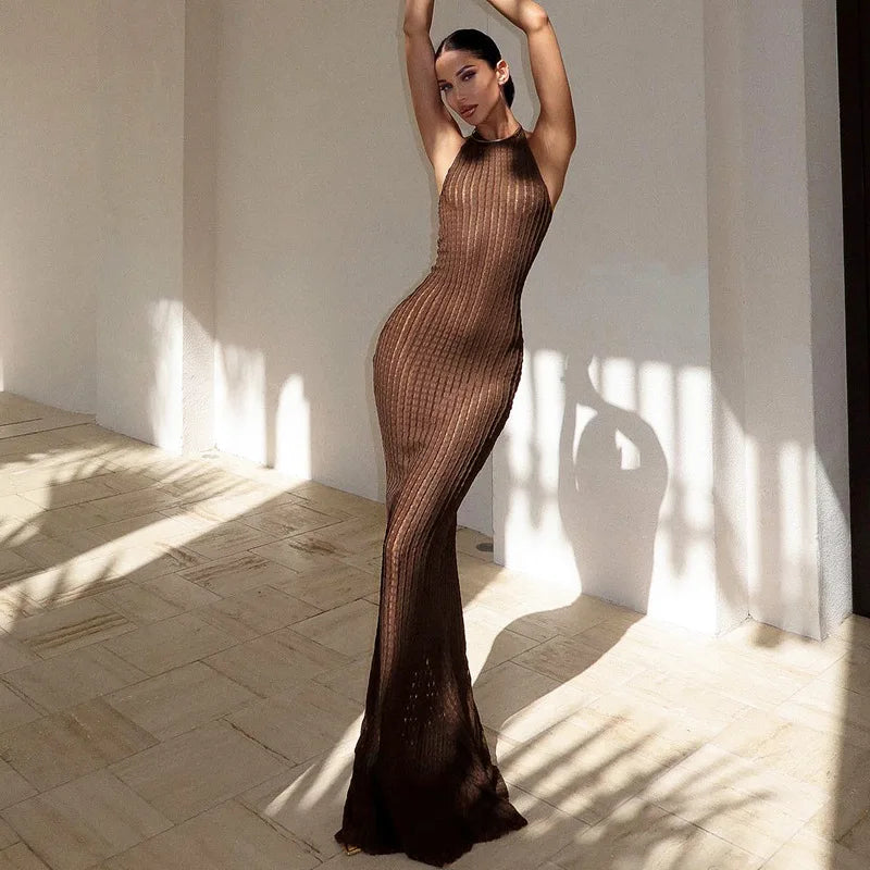 Knitted Hollow Out Sheer Backless Slim Beach Halter Neck Stylish Maxi Dress Mssaz Desses