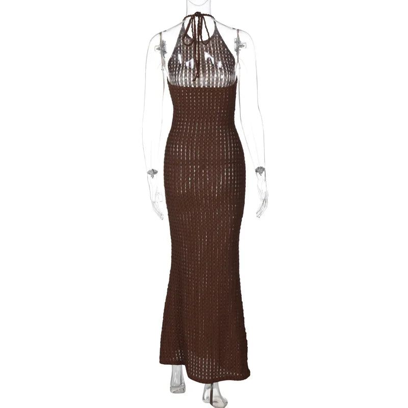 Knitted Hollow Out Sheer Backless Slim Beach Halter Neck Stylish Maxi Dress Mssaz Desses