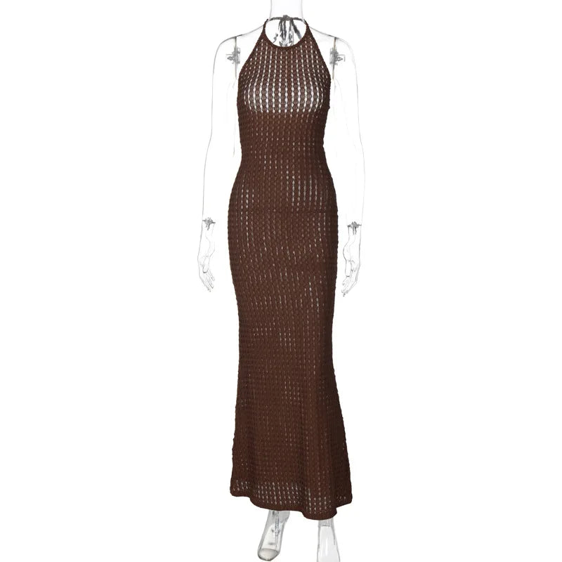 Knitted Hollow Out Sheer Backless Slim Beach Halter Neck Stylish Maxi Dress Mssaz Desses