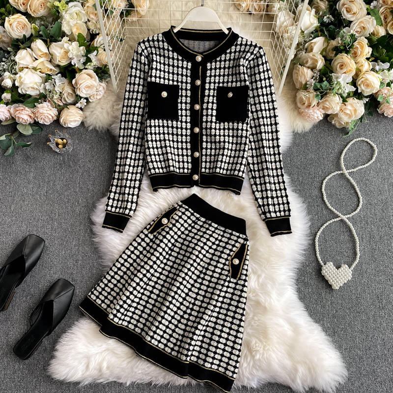 Knitted O Neck Long Sleeve Tops High Waist A-line Skirt Two Pieces Set Mssza