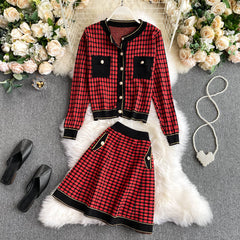 Knitted O Neck Long Sleeve Tops High Waist A-line Skirt Two Pieces Set Mssza