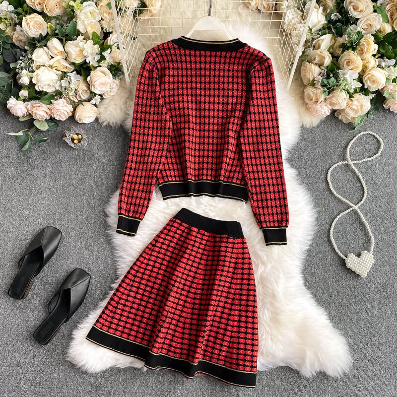 Knitted O Neck Long Sleeve Tops High Waist A-line Skirt Two Pieces Set Mssza