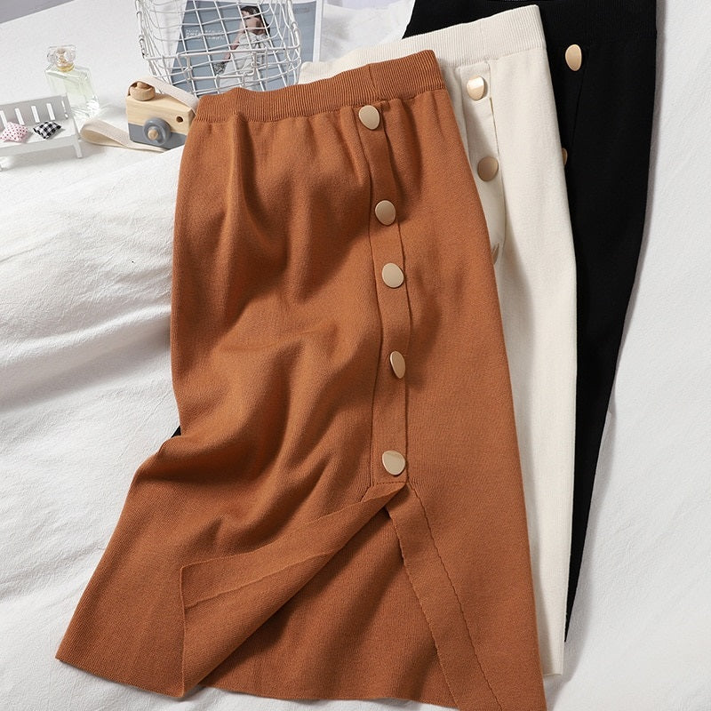 Knitted Pencil Style Elastic Slim Solid Bodycon Split High Waist Skirt Mssza