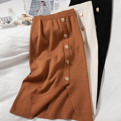 Knitted Pencil Style Elastic Slim Solid Bodycon Split High Waist Skirt Mssza