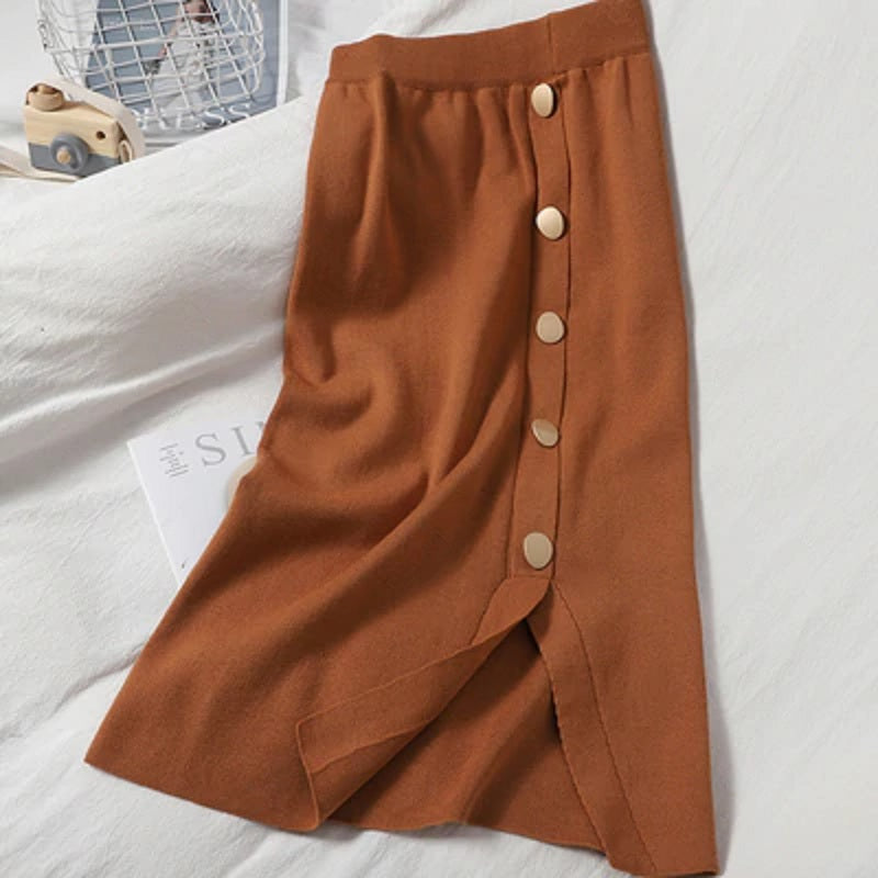 Knitted Pencil Style Elastic Slim Solid Bodycon Split High Waist Skirt Mssza