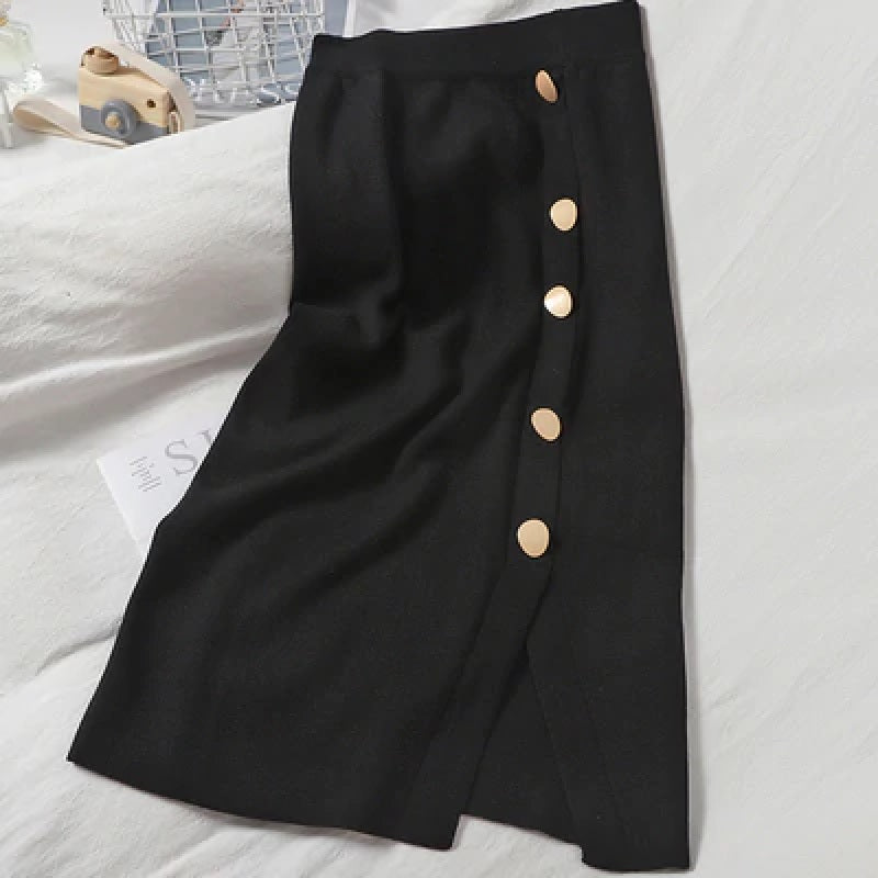 Knitted Pencil Style Elastic Slim Solid Bodycon Split High Waist Skirt Mssza