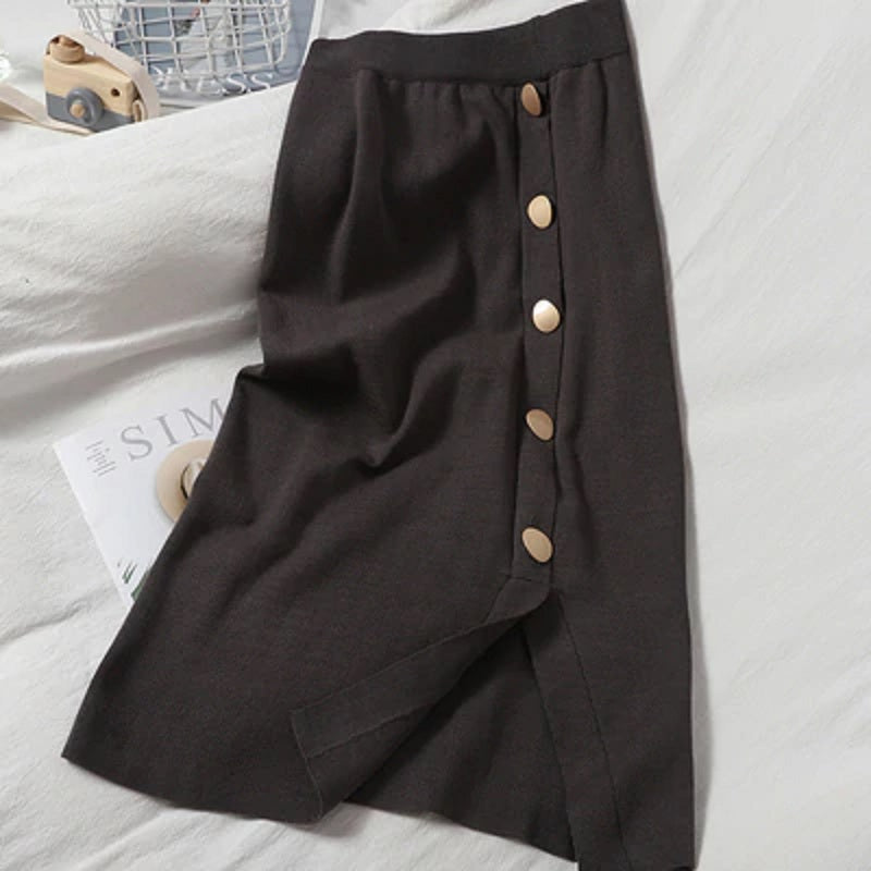 Knitted Pencil Style Elastic Slim Solid Bodycon Split High Waist Skirt Mssza
