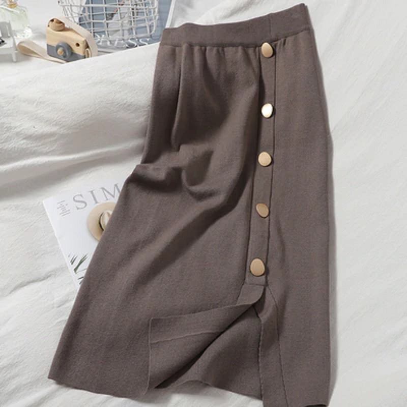 Knitted Pencil Style Elastic Slim Solid Bodycon Split High Waist Skirt Mssza