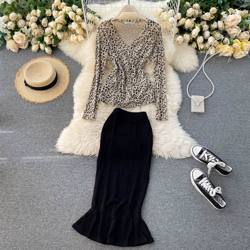 Korean Chic Leopard Tops High Waist Slim Long Skirt Two Pieces Set Mssza