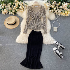 Korean Chic Leopard Tops High Waist Slim Long Skirt Two Pieces Set Mssza