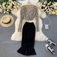 Korean Chic Leopard Tops High Waist Slim Long Skirt Two Pieces Set Mssza