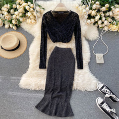 Korean Chic Leopard Tops High Waist Slim Long Skirt Two Pieces Set Mssza