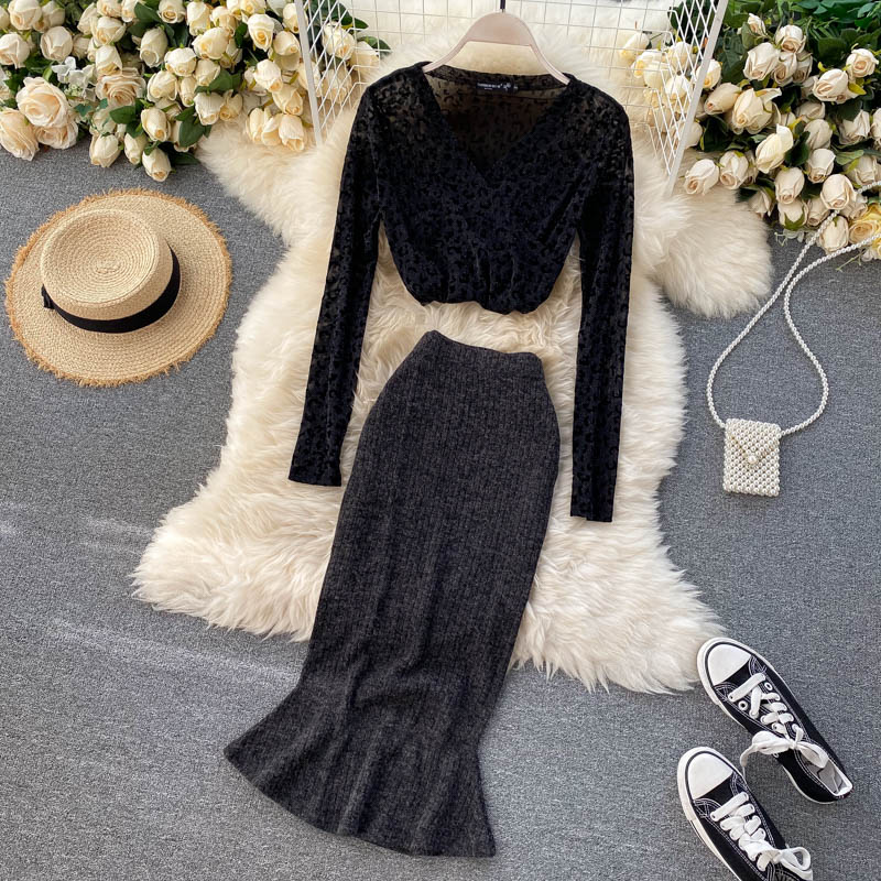 Korean Chic Leopard Tops High Waist Slim Long Skirt Two Pieces Set Mssza