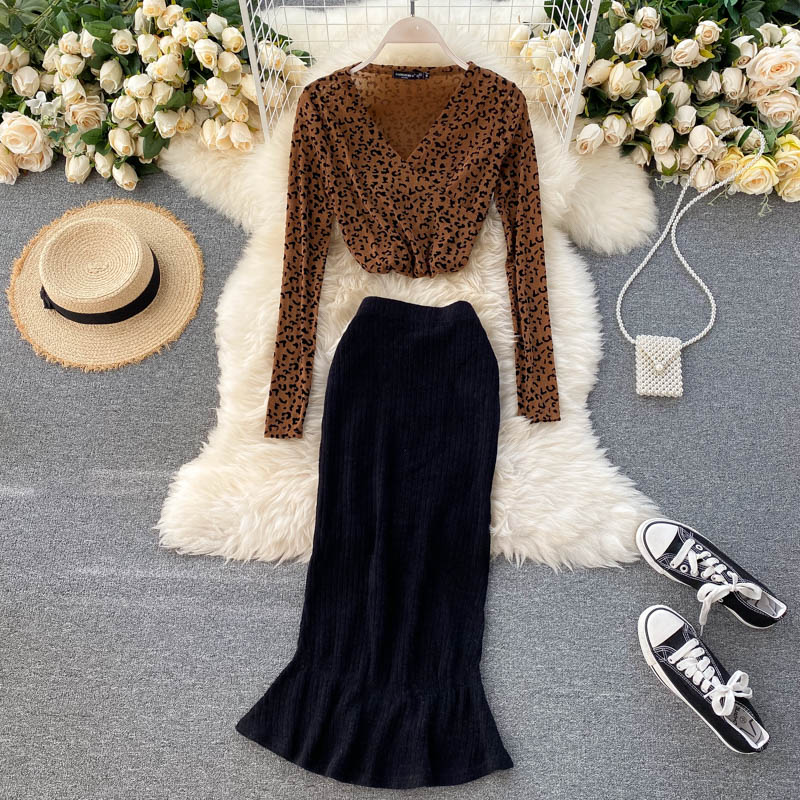 Korean Chic Leopard Tops High Waist Slim Long Skirt Two Pieces Set Mssza