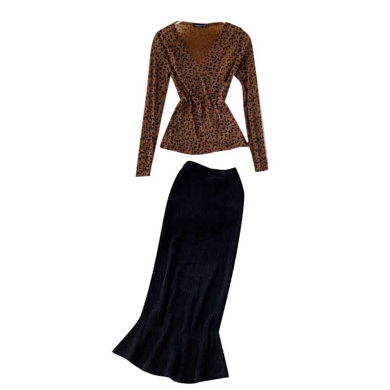 Korean Chic Leopard Tops High Waist Slim Long Skirt Two Pieces Set Mssza