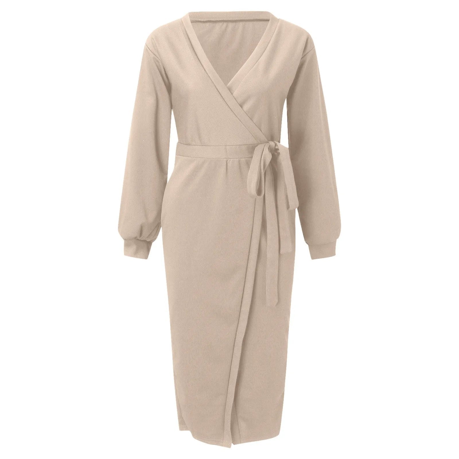 Korean Dongdaemun High Clothing Wrap V Neck Long Sleeve Sweater Tie Waist Bodycon Knit Elegant платье Midi Dress Mssaz Desses