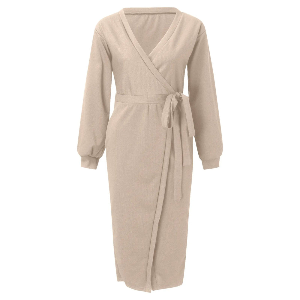 Korean Dongdaemun High Clothing Wrap V Neck Long Sleeve Sweater Tie Waist Bodycon Knit Elegant платье Midi Dress Mssaz Desses