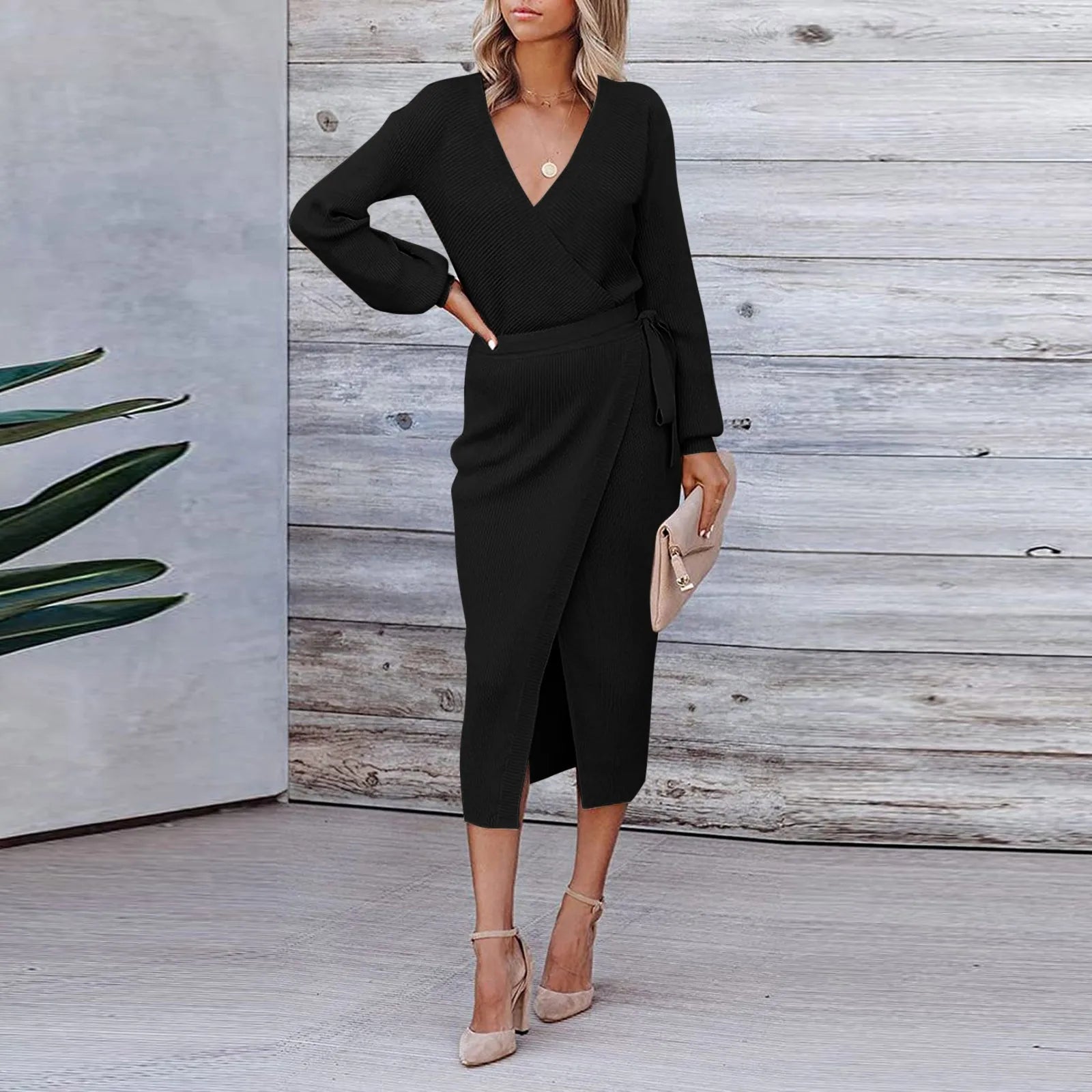 Korean Dongdaemun High Clothing Wrap V Neck Long Sleeve Sweater Tie Waist Bodycon Knit Elegant платье Midi Dress Mssaz Desses