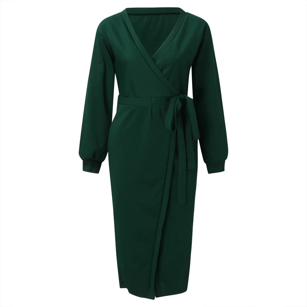 Korean Dongdaemun High Clothing Wrap V Neck Long Sleeve Sweater Tie Waist Bodycon Knit Elegant платье Midi Dress Mssaz Desses