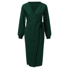 Korean Dongdaemun High Clothing Wrap V Neck Long Sleeve Sweater Tie Waist Bodycon Knit Elegant платье Midi Dress Mssaz Desses