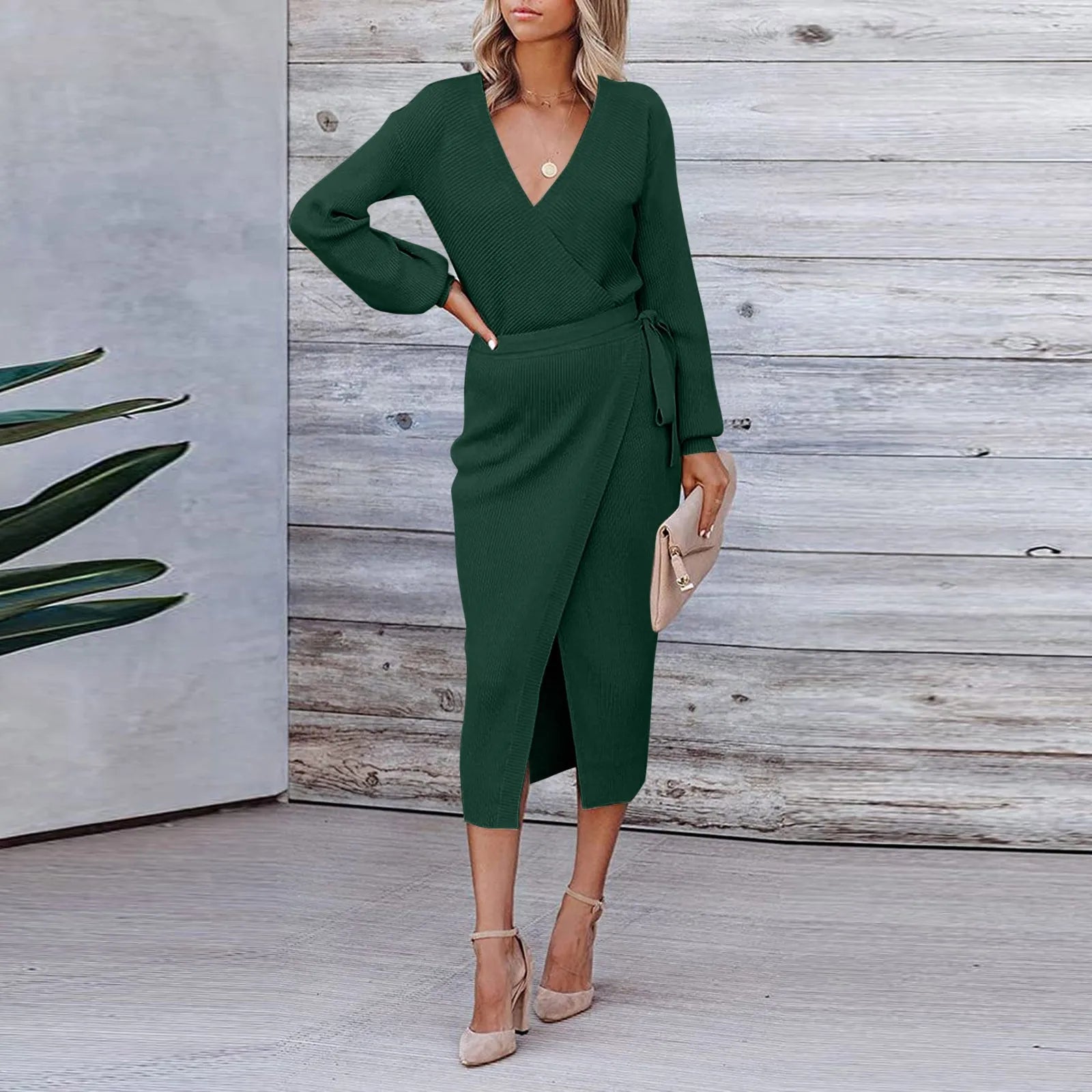 Korean Dongdaemun High Clothing Wrap V Neck Long Sleeve Sweater Tie Waist Bodycon Knit Elegant платье Midi Dress Mssaz Desses