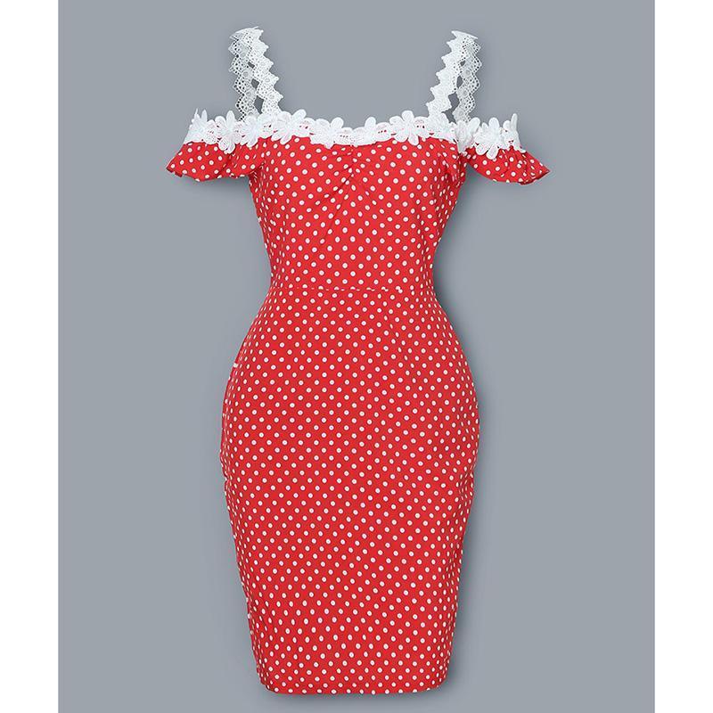 Lace Applique Off Shoulder Dots Print Dress Cold Shoulder Polka Dot Red  Dress Slim Fit Casual Party Vestidos Mssaz Desses