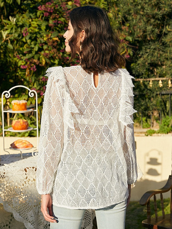Lace Argyle Pattern Hollow Long Sleeve Crew Neck Blouse Mssza