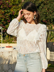 Lace Argyle Pattern Hollow Long Sleeve Crew Neck Blouse Mssza