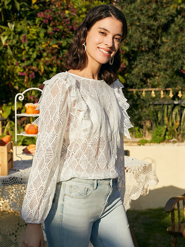 Lace Argyle Pattern Hollow Long Sleeve Crew Neck Blouse Mssza