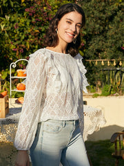 Lace Argyle Pattern Hollow Long Sleeve Crew Neck Blouse Mssza