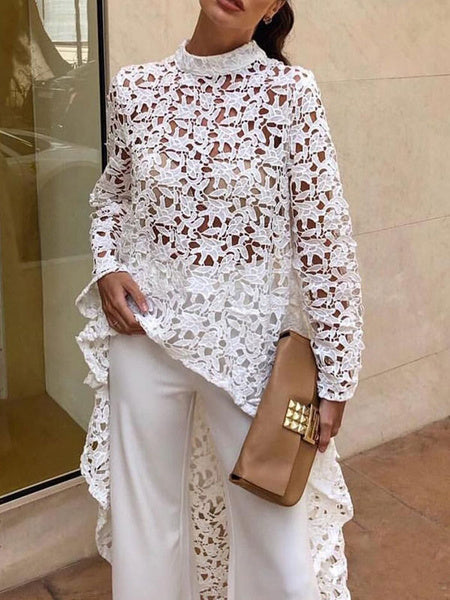 Lace Blouse Asymmetrical Cut Out Jewel Neck Long Sleeves Tops Mssza