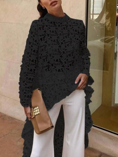 Lace Blouse Asymmetrical Cut Out Jewel Neck Long Sleeves Tops Mssza