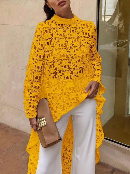 Lace Blouse Asymmetrical Cut Out Jewel Neck Long Sleeves Tops Mssza