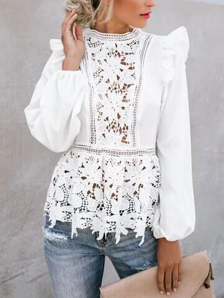 Lace Blouse Cut Out Jewel Neck Long Sleeves Tops Mssza