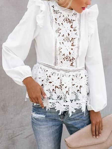 Lace Blouse Cut Out Jewel Neck Long Sleeves Tops Mssza