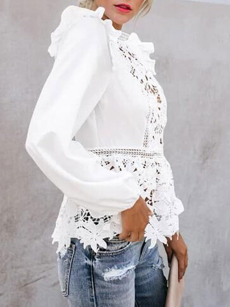 Lace Blouse Cut Out Jewel Neck Long Sleeves Tops Mssza